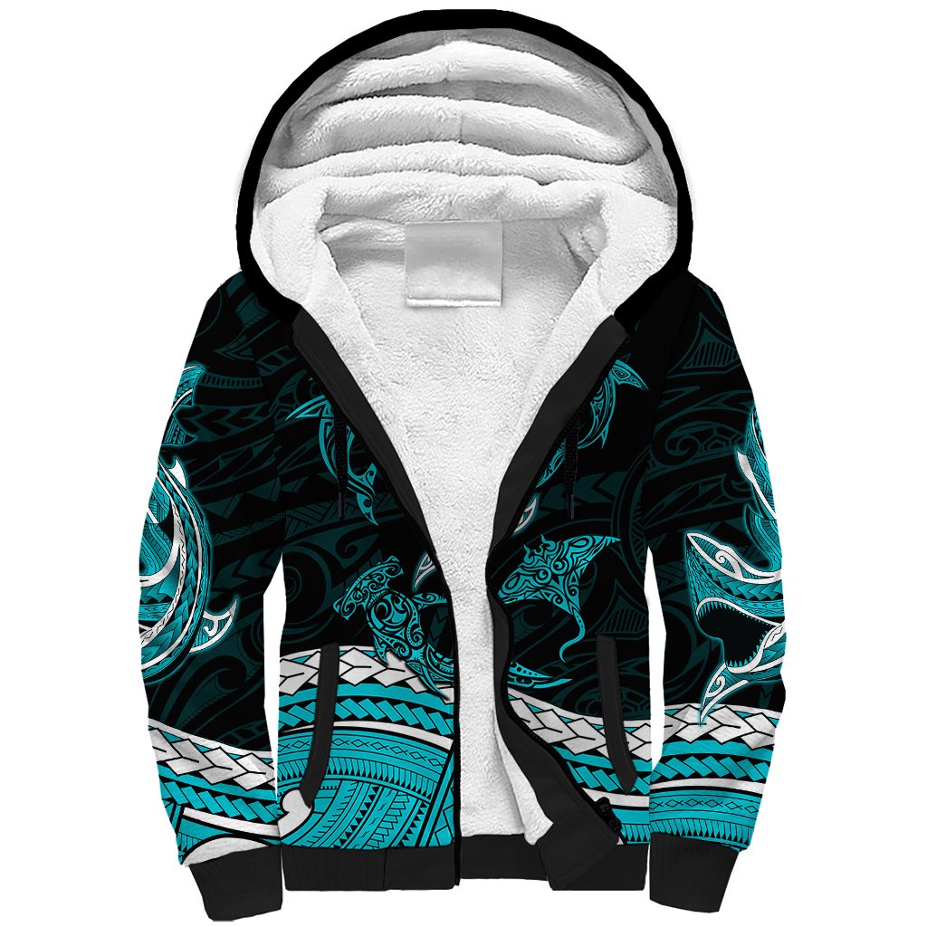 Polynesian Tribal Sherpa Hoodie with Sharks Tattoo Green LT6 - Wonder Print Shop