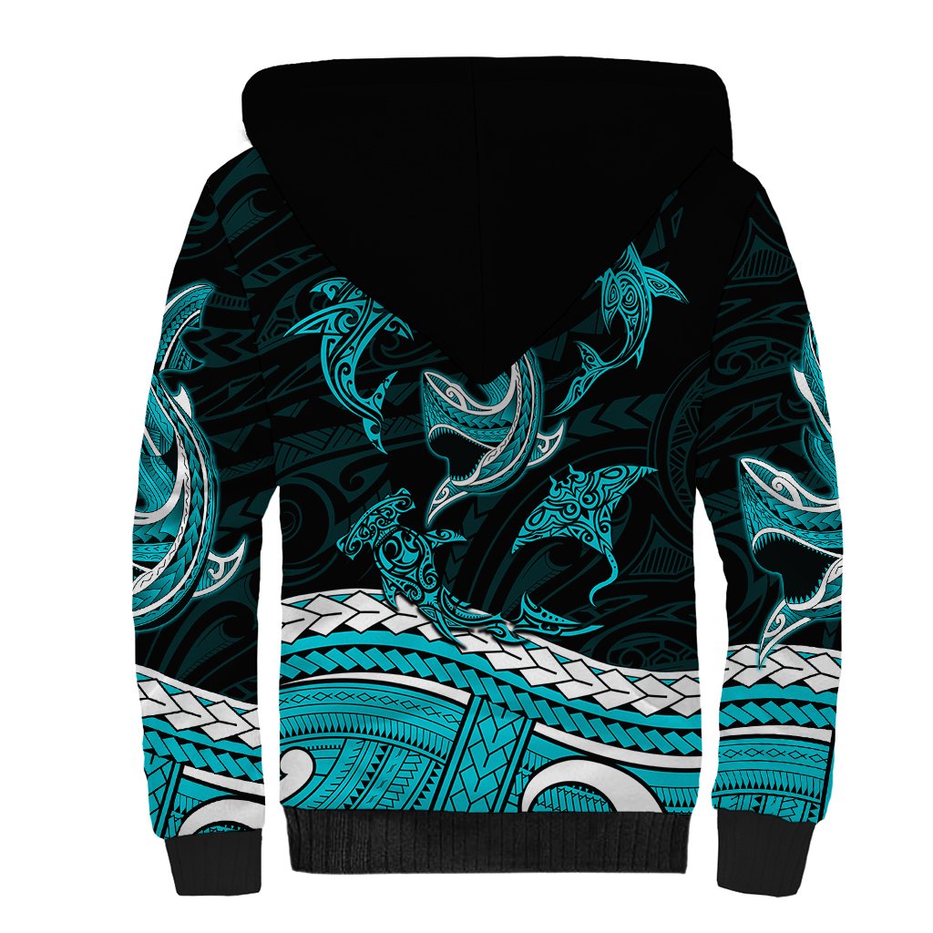 Polynesian Tribal Sherpa Hoodie with Sharks Tattoo Green LT6 - Wonder Print Shop
