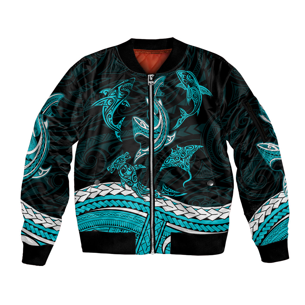 Polynesian Tribal Sleeve Zip Bomber Jacket with Sharks Tattoo Green LT6 - Wonder Print Shop