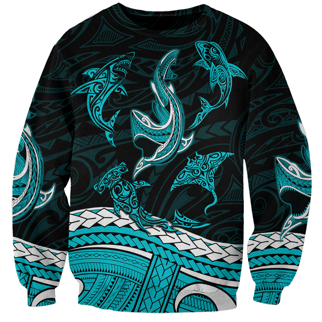 Polynesian Tribal Sweatshirt with Sharks Tattoo Green LT6 - Wonder Print Shop