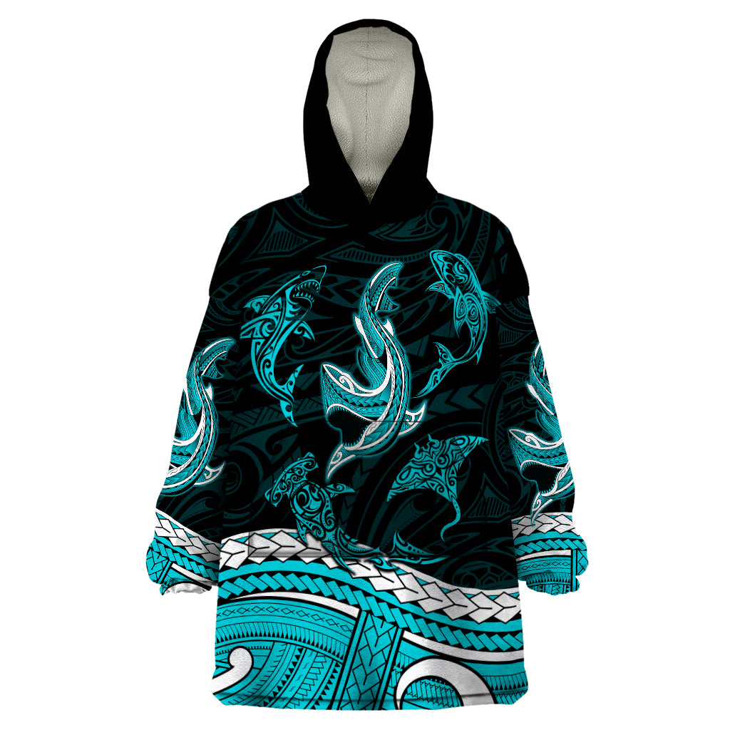 Polynesian Tribal Wearable Blanket Hoodie with Sharks Tattoo Green LT6 - Wonder Print Shop