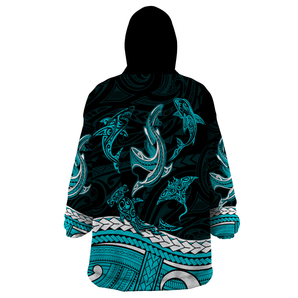 Polynesian Tribal Wearable Blanket Hoodie with Sharks Tattoo Green LT6 - Wonder Print Shop