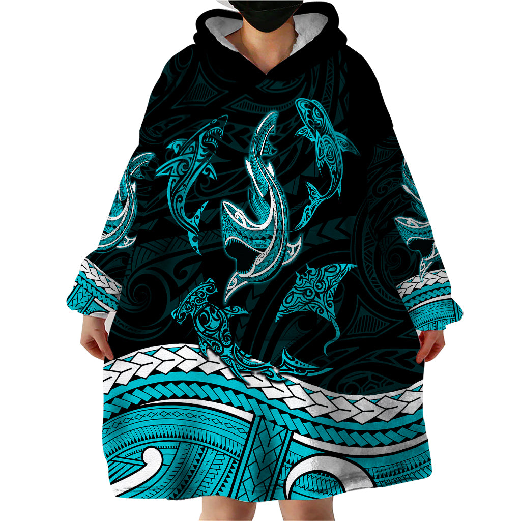 Polynesian Tribal Wearable Blanket Hoodie with Sharks Tattoo Green LT6 - Wonder Print Shop
