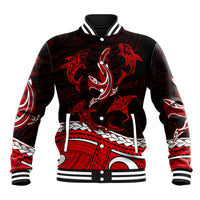 Polynesian Tribal Baseball Jacket with Sharks Tattoo Red LT6 - Wonder Print Shop