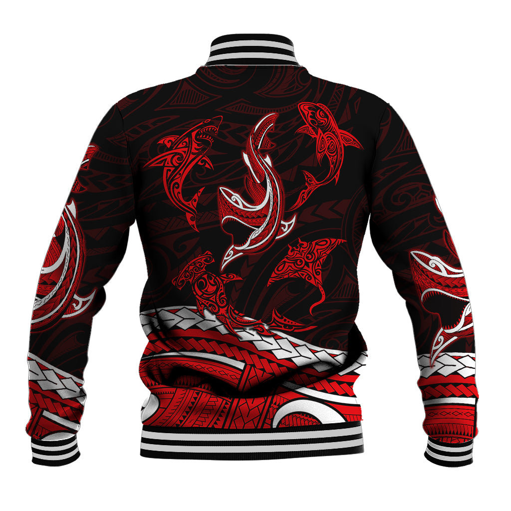 Polynesian Tribal Baseball Jacket with Sharks Tattoo Red LT6 - Wonder Print Shop