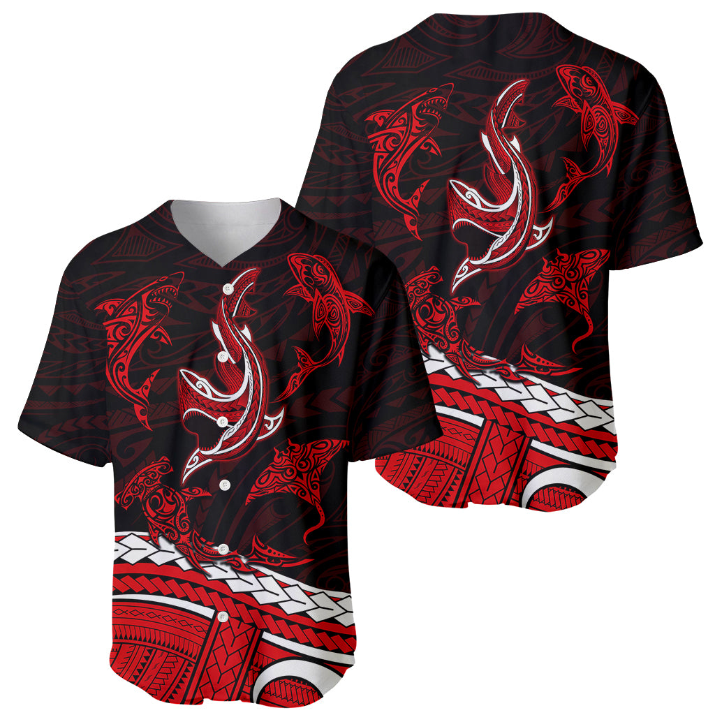Polynesian Tribal Baseball Jersey with Sharks Tattoo Red LT6 - Wonder Print Shop