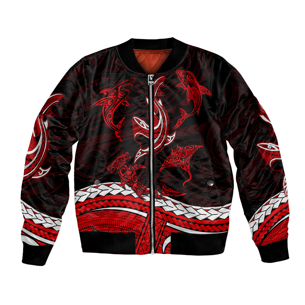 Polynesian Tribal Bomber Jacket with Sharks Tattoo Red LT6 - Wonder Print Shop