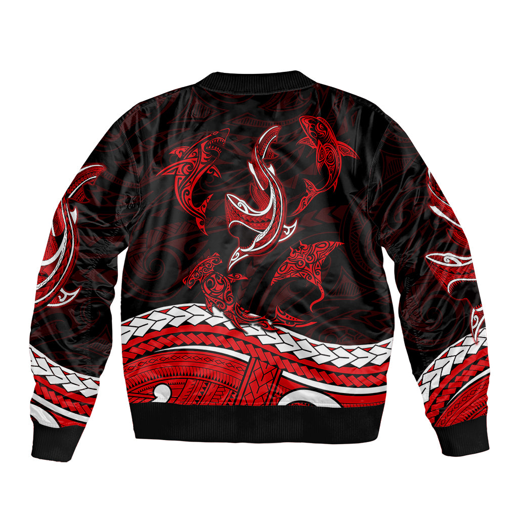 Polynesian Tribal Bomber Jacket with Sharks Tattoo Red LT6 - Wonder Print Shop