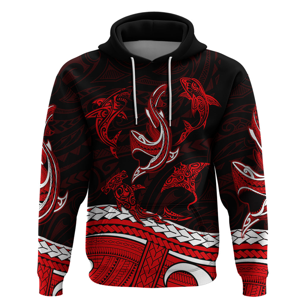 Polynesian Tribal Hoodie with Sharks Tattoo Red LT6 - Wonder Print Shop