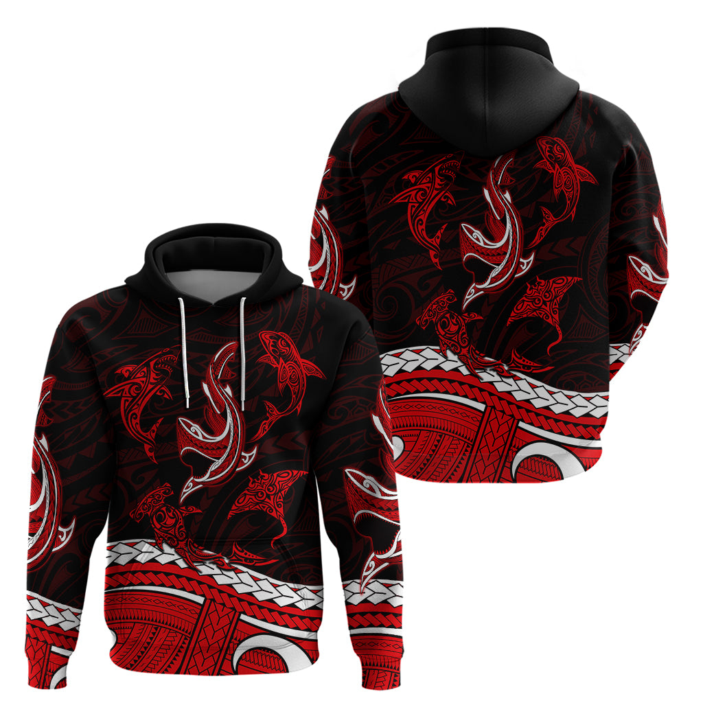 Polynesian Tribal Hoodie with Sharks Tattoo Red LT6 - Wonder Print Shop