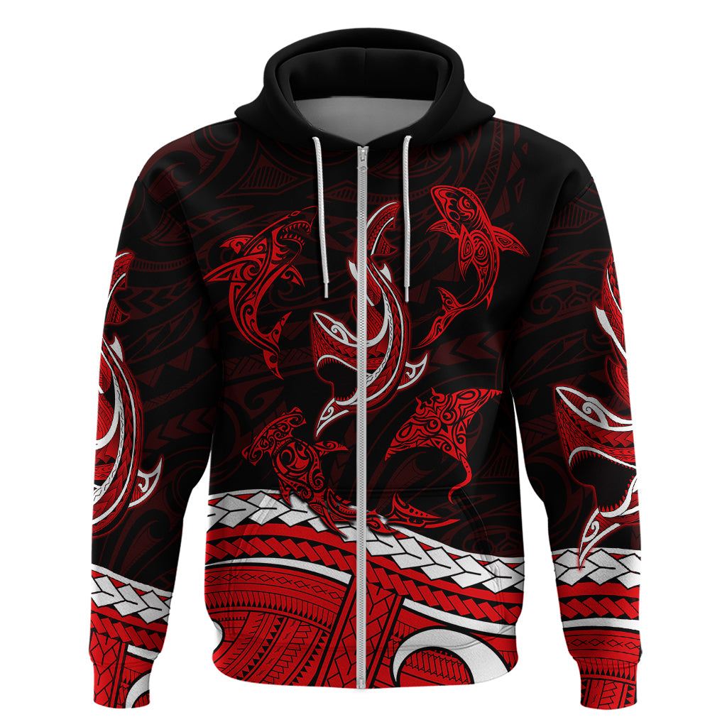 Polynesian Tribal Hoodie with Sharks Tattoo Red LT6 - Wonder Print Shop