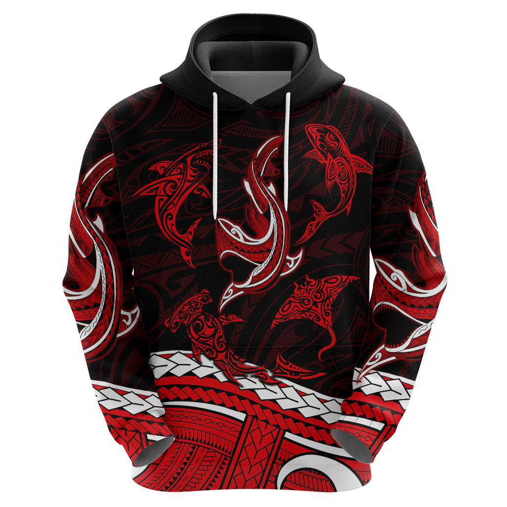 Polynesian Tribal Hoodie with Sharks Tattoo Red LT6 - Wonder Print Shop
