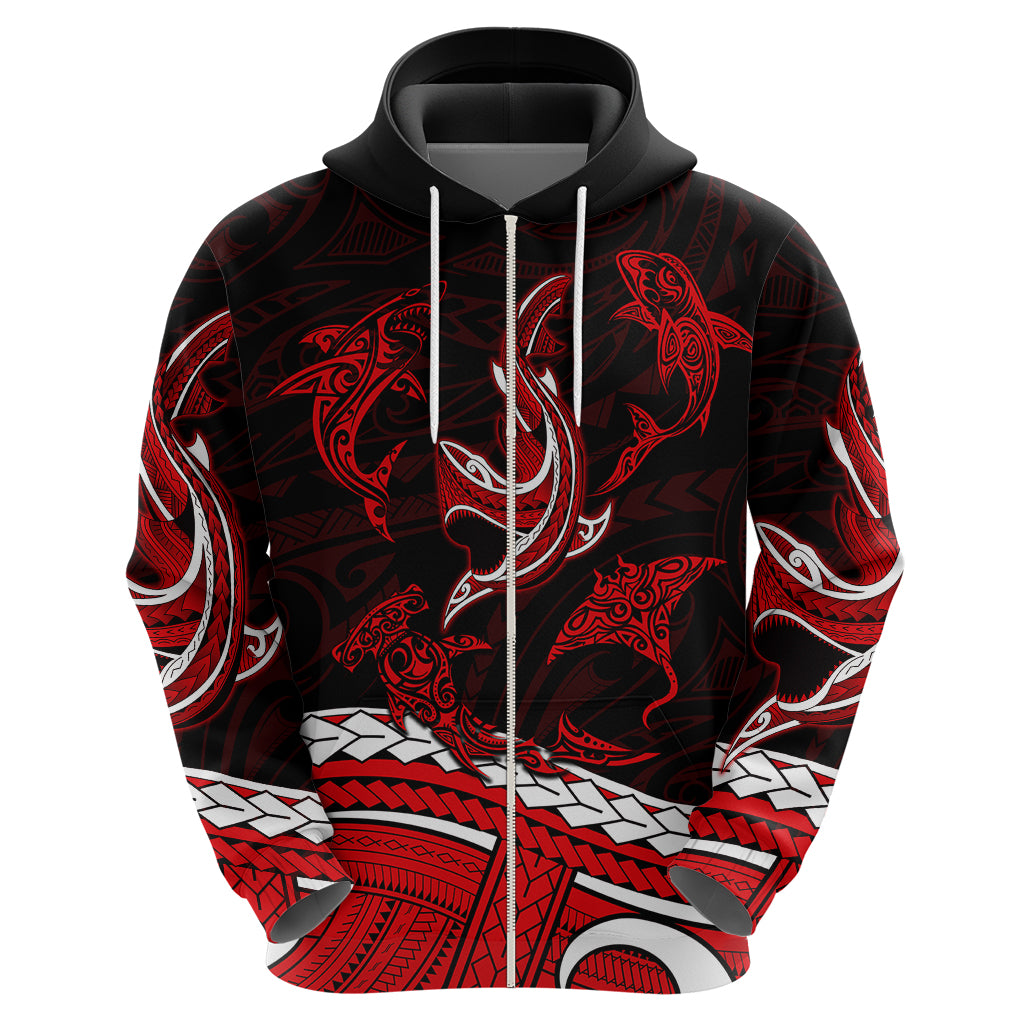 Polynesian Tribal Hoodie with Sharks Tattoo Red LT6 - Wonder Print Shop