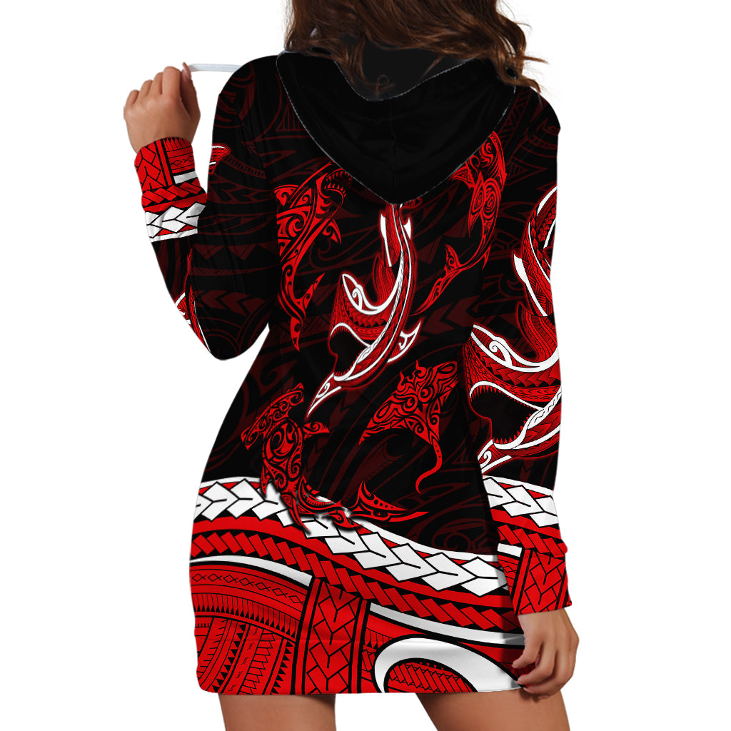 Polynesian Tribal Hoodie Dress with Sharks Tattoo Red LT6 - Wonder Print Shop