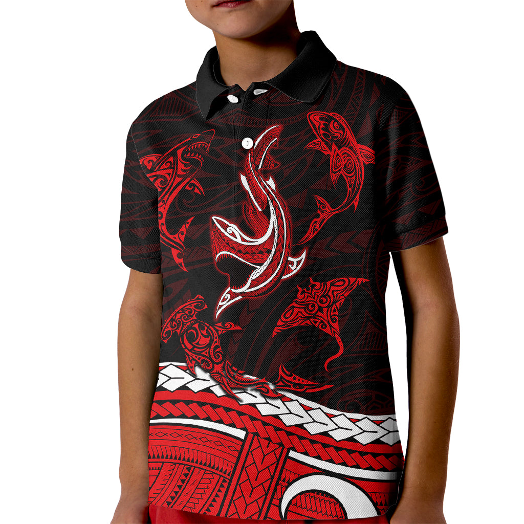 Polynesian Tribal Polo Shirt for Kid with Sharks Tattoo Red LT6 - Wonder Print Shop