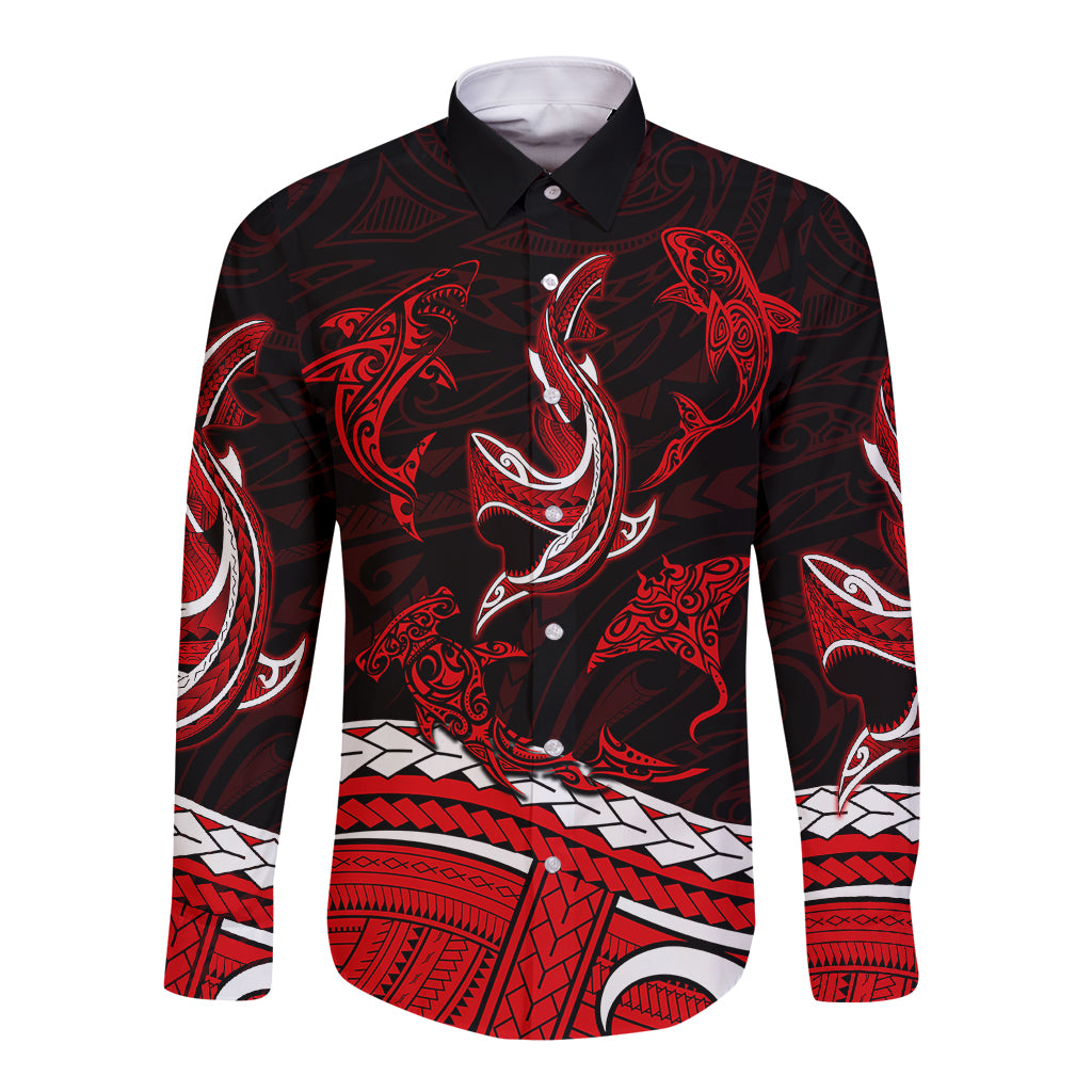 Polynesian Tribal Long Sleeve Button Shirt with Sharks Tattoo Red LT6 - Wonder Print Shop