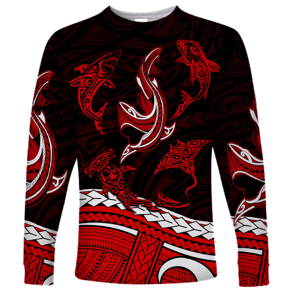 Polynesian Tribal Long Sleeve Shirt with Sharks Tattoo Red LT6 - Wonder Print Shop