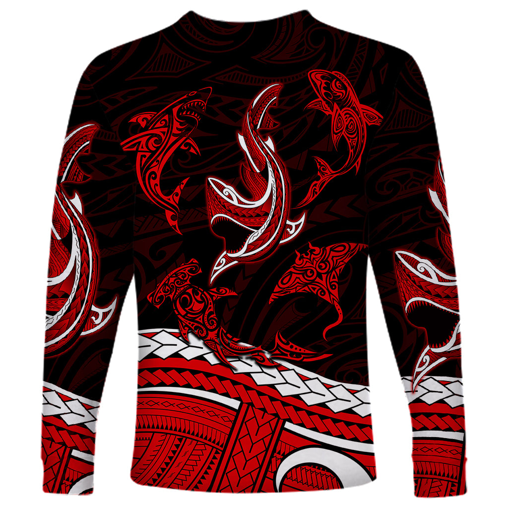 Polynesian Tribal Long Sleeve Shirt with Sharks Tattoo Red LT6 - Wonder Print Shop