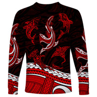 Polynesian Tribal Long Sleeve Shirt with Sharks Tattoo Red LT6 - Wonder Print Shop
