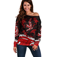 Polynesian Tribal Off Shoulder Sweater with Sharks Tattoo Red LT6 - Wonder Print Shop