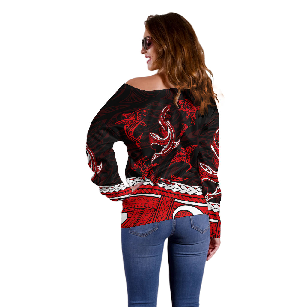 Polynesian Tribal Off Shoulder Sweater with Sharks Tattoo Red LT6 - Wonder Print Shop