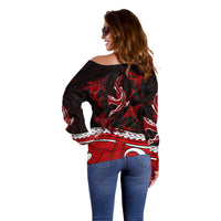 Polynesian Tribal Off Shoulder Sweater with Sharks Tattoo Red LT6 - Wonder Print Shop