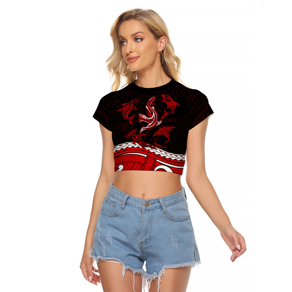 Polynesian Tribal Raglan Cropped T Shirt with Sharks Tattoo Red LT6 - Wonder Print Shop