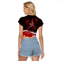 Polynesian Tribal Raglan Cropped T Shirt with Sharks Tattoo Red LT6 - Wonder Print Shop