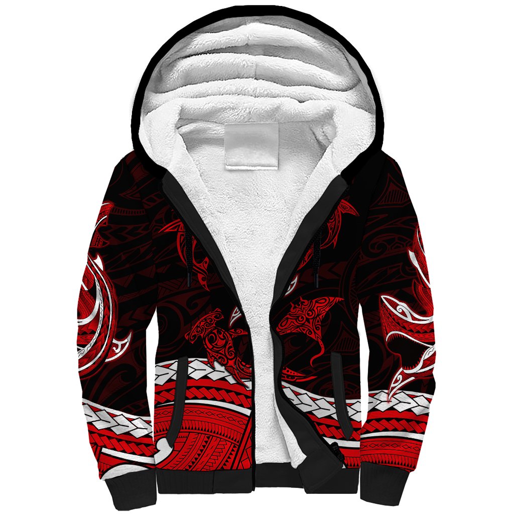 Polynesian Tribal Sherpa Hoodie with Sharks Tattoo Red LT6 - Wonder Print Shop