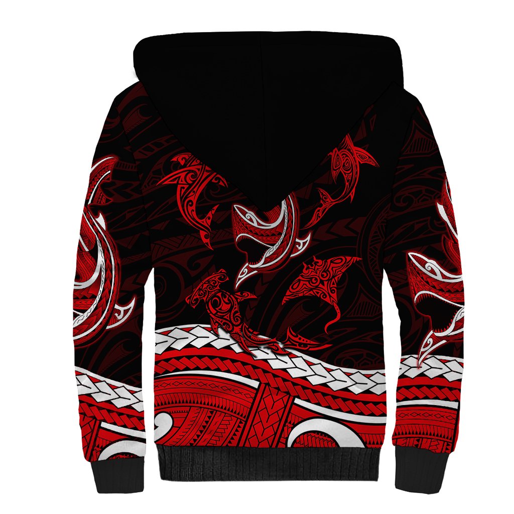 Polynesian Tribal Sherpa Hoodie with Sharks Tattoo Red LT6 - Wonder Print Shop