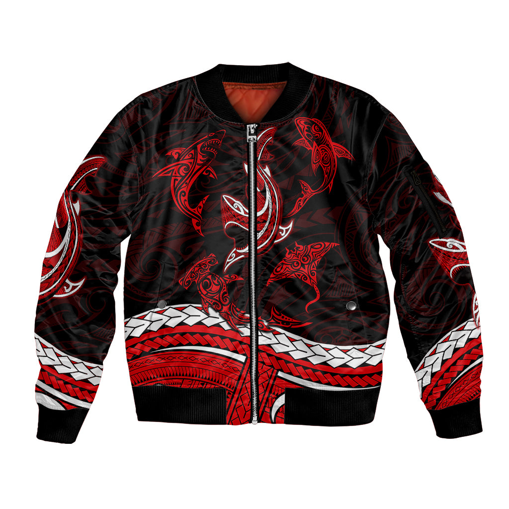 Polynesian Tribal Sleeve Zip Bomber Jacket with Sharks Tattoo Red LT6 - Wonder Print Shop