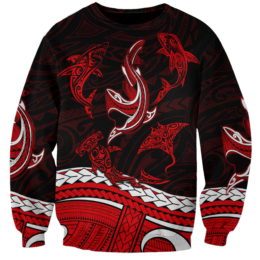 Polynesian Tribal Sweatshirt with Sharks Tattoo Red LT6 - Wonder Print Shop
