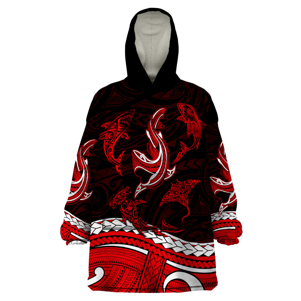 Polynesian Tribal Wearable Blanket Hoodie with Sharks Tattoo Red LT6 - Wonder Print Shop