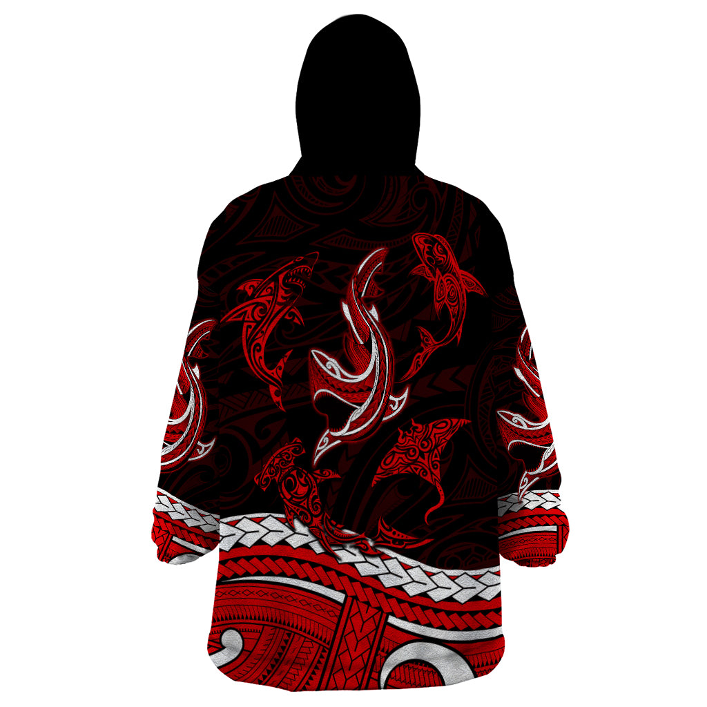 Polynesian Tribal Wearable Blanket Hoodie with Sharks Tattoo Red LT6 - Wonder Print Shop