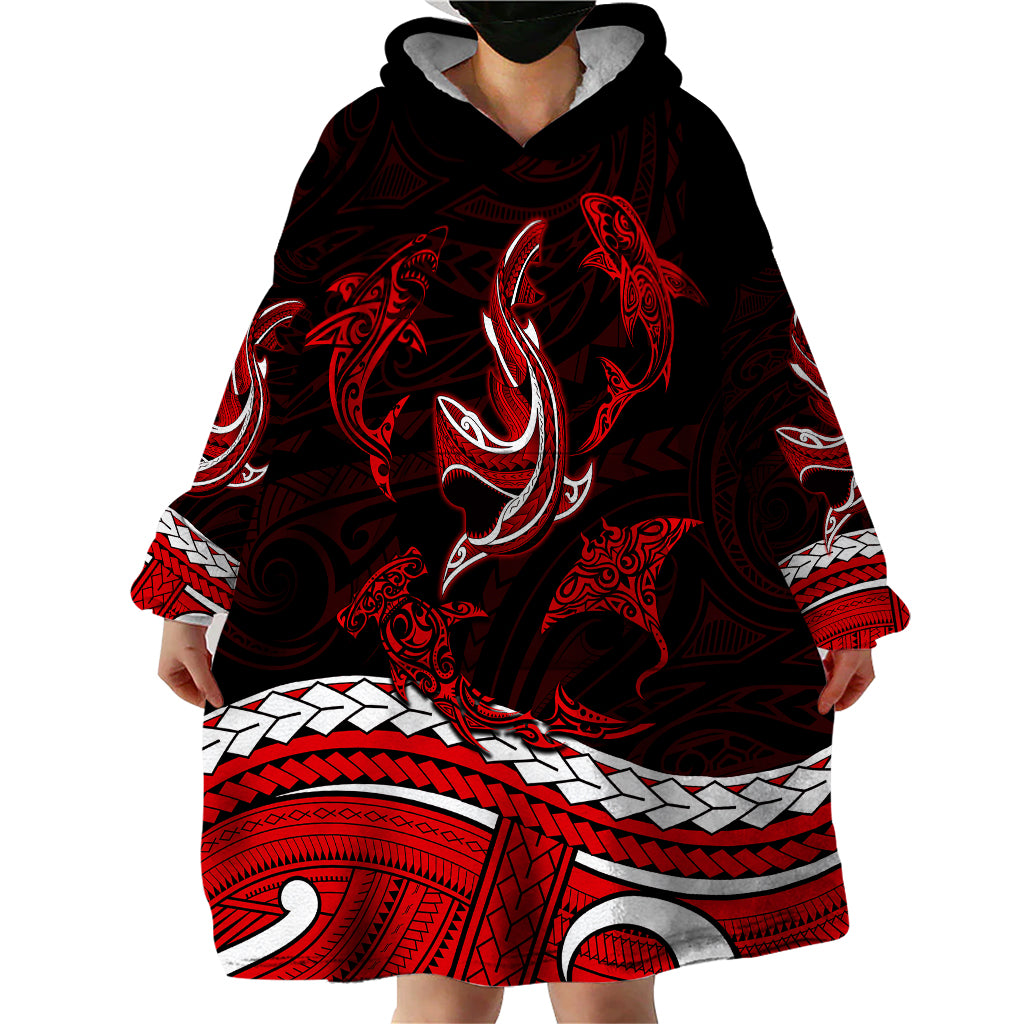 Polynesian Tribal Wearable Blanket Hoodie with Sharks Tattoo Red LT6 - Wonder Print Shop