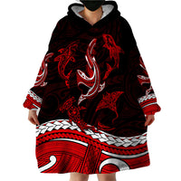Polynesian Tribal Wearable Blanket Hoodie with Sharks Tattoo Red LT6 - Wonder Print Shop