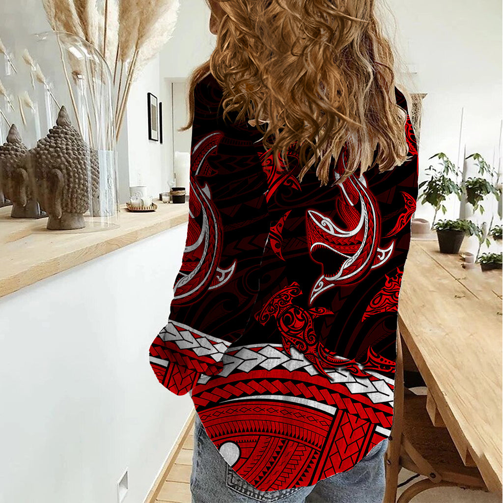 Polynesian Tribal Women Casual Shirt with Sharks Tattoo Red LT6 - Wonder Print Shop