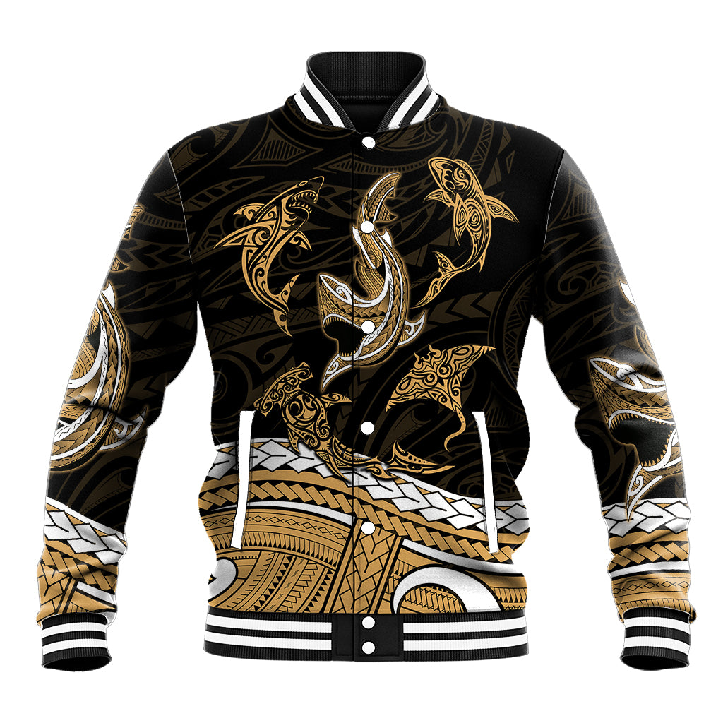Polynesian Tribal Baseball Jacket with Sharks Tattoo Gold LT6 - Wonder Print Shop