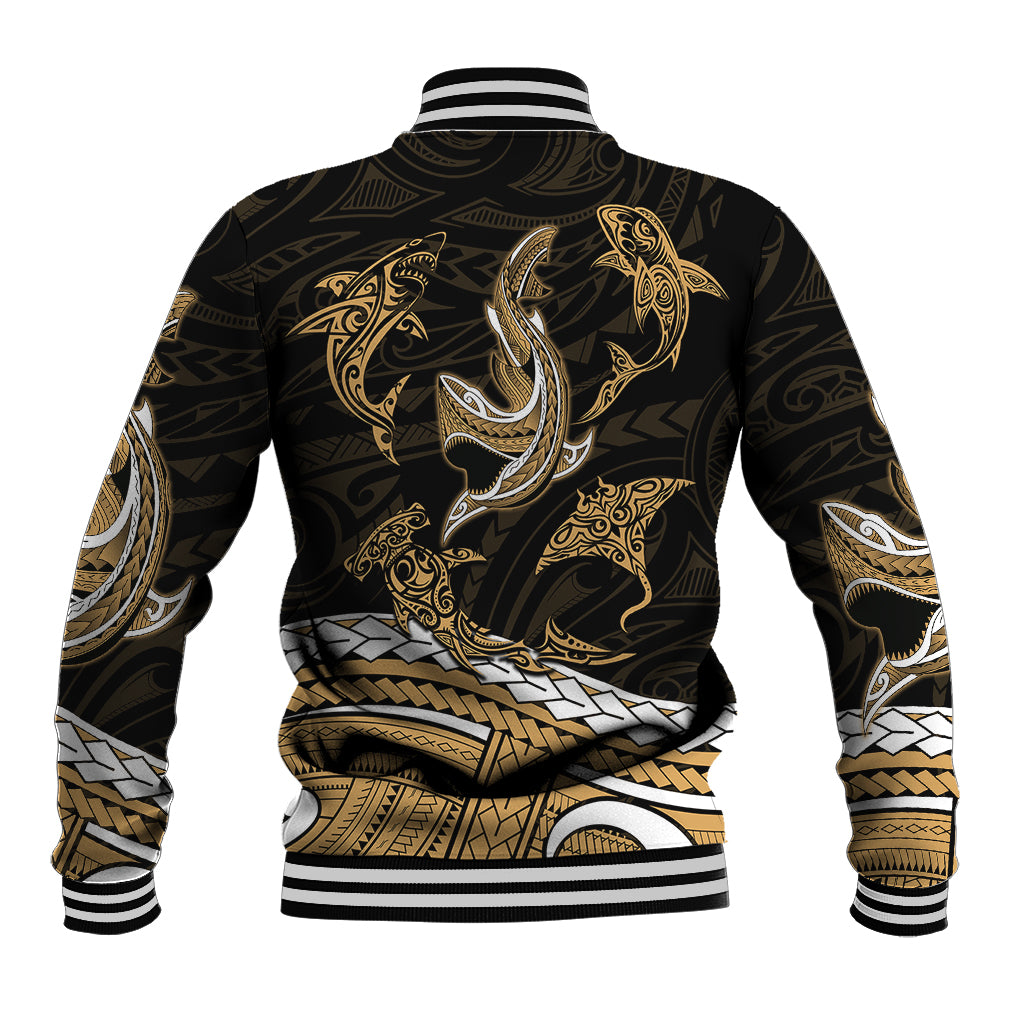 Polynesian Tribal Baseball Jacket with Sharks Tattoo Gold LT6 - Wonder Print Shop