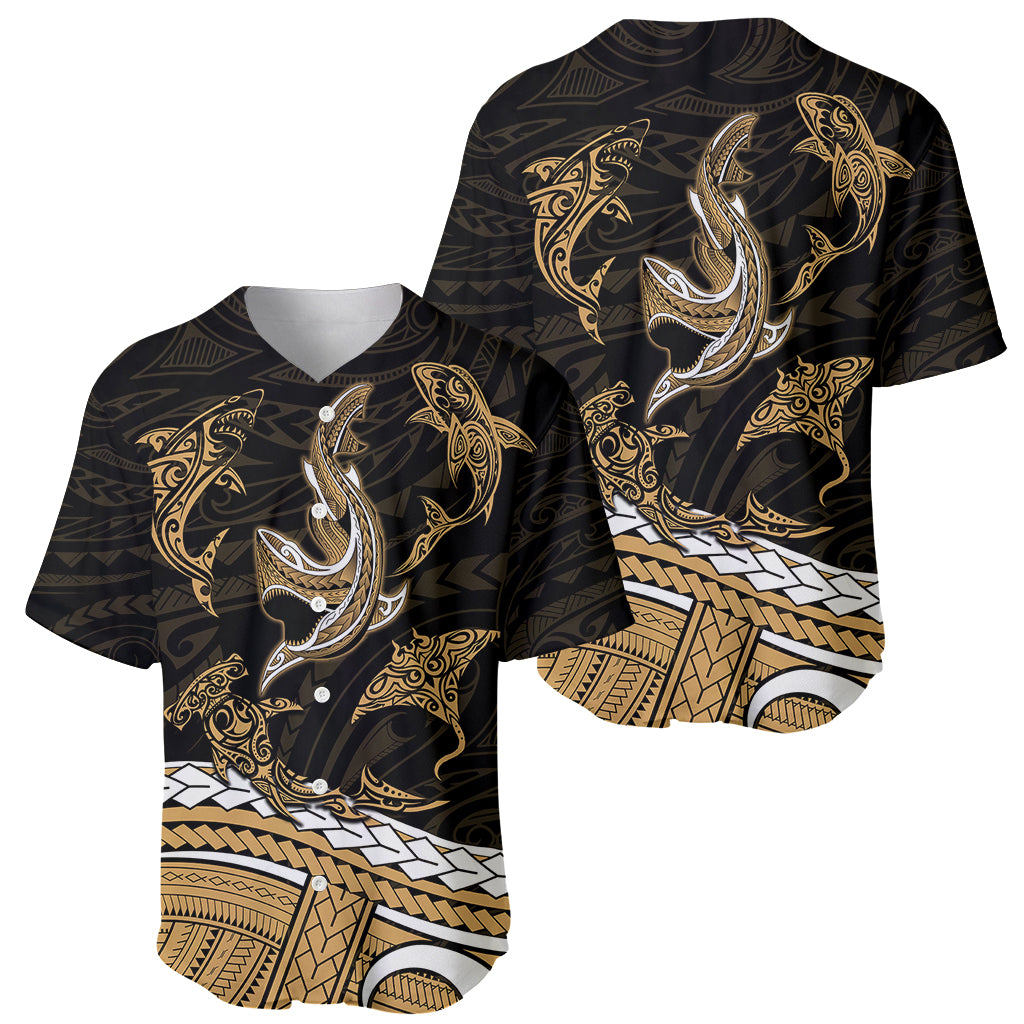 Polynesian Tribal Baseball Jersey with Sharks Tattoo Gold LT6 - Wonder Print Shop