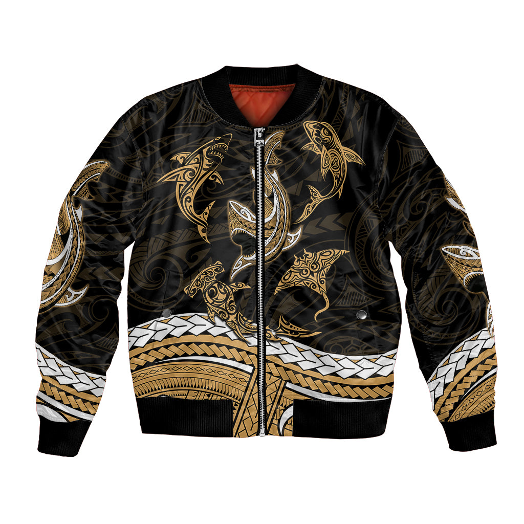 Polynesian Tribal Bomber Jacket with Sharks Tattoo Gold LT6 - Wonder Print Shop
