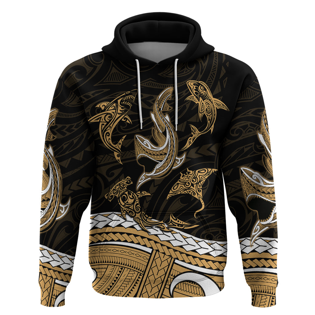 Polynesian Tribal Hoodie with Sharks Tattoo Gold LT6 - Wonder Print Shop