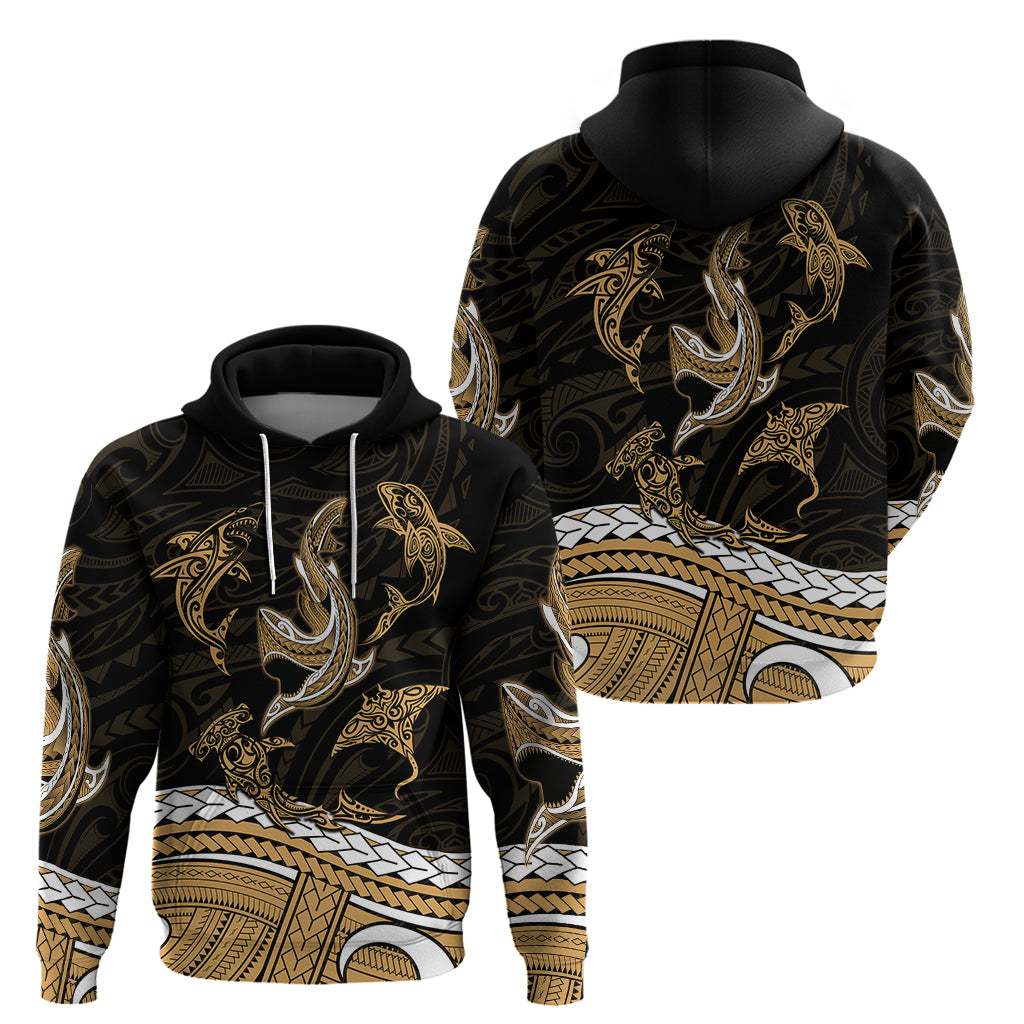 Polynesian Tribal Hoodie with Sharks Tattoo Gold LT6 - Wonder Print Shop