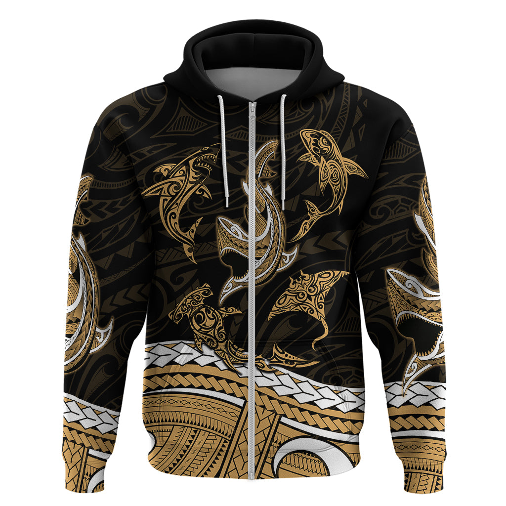 Polynesian Tribal Hoodie with Sharks Tattoo Gold LT6 - Wonder Print Shop