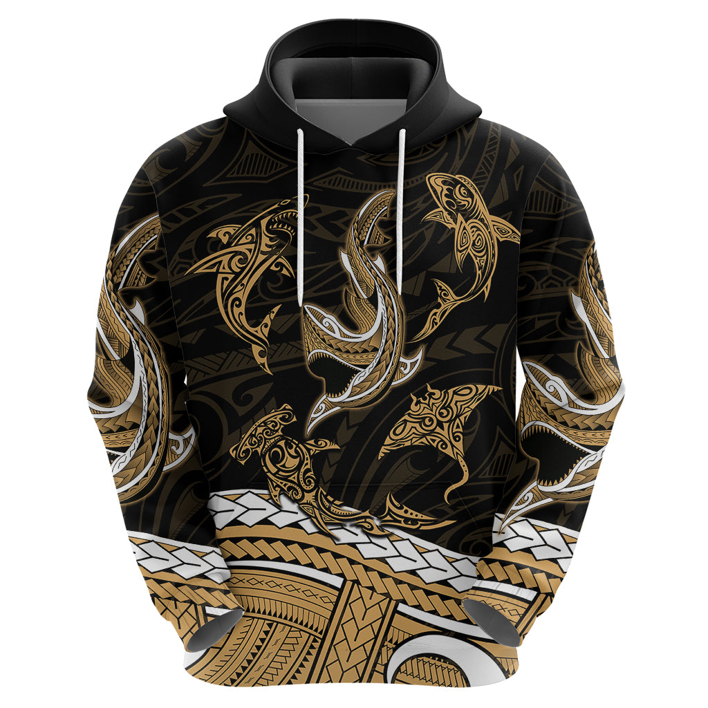 Polynesian Tribal Hoodie with Sharks Tattoo Gold LT6 - Wonder Print Shop