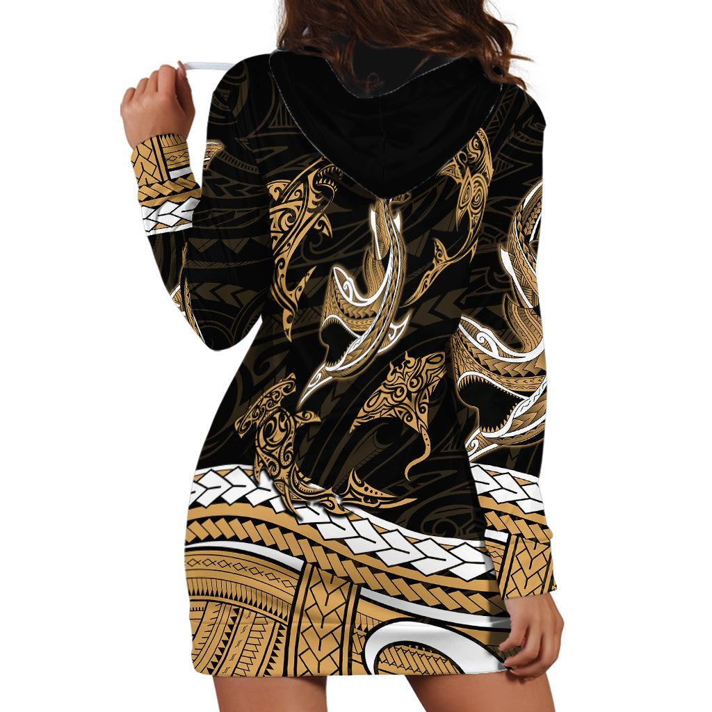 Polynesian Tribal Hoodie Dress with Sharks Tattoo Gold LT6 - Wonder Print Shop