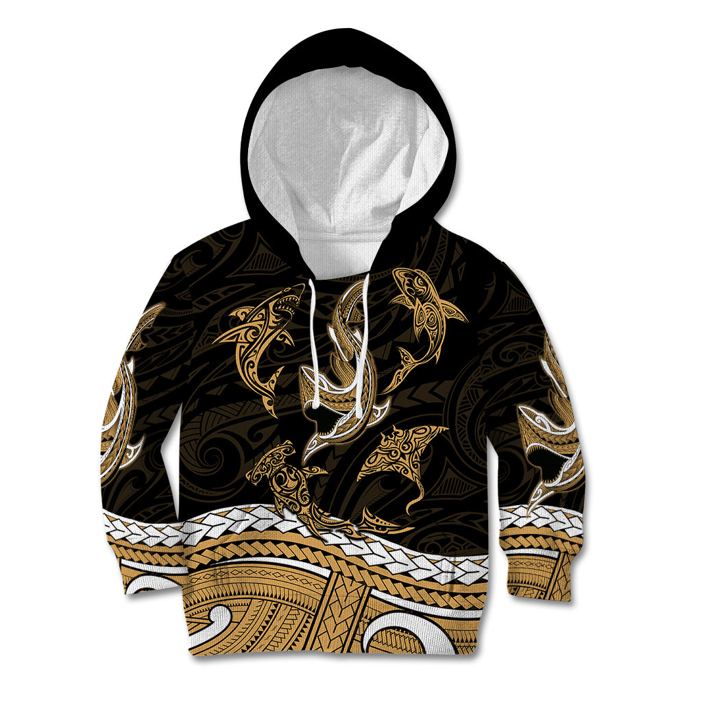Polynesian Tribal Kid Hoodie with Sharks Tattoo Gold LT6 - Wonder Print Shop