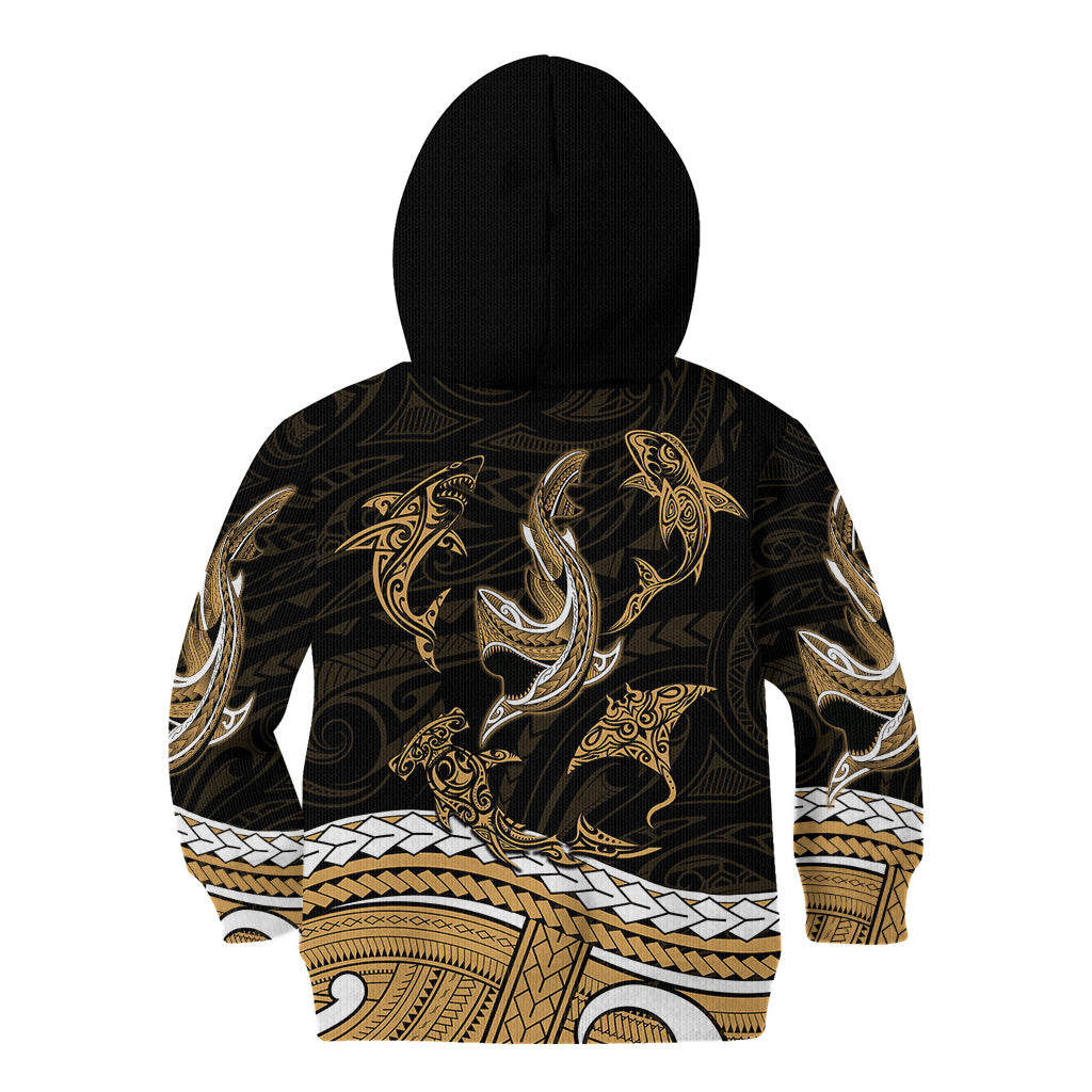 Polynesian Tribal Kid Hoodie with Sharks Tattoo Gold LT6 - Wonder Print Shop