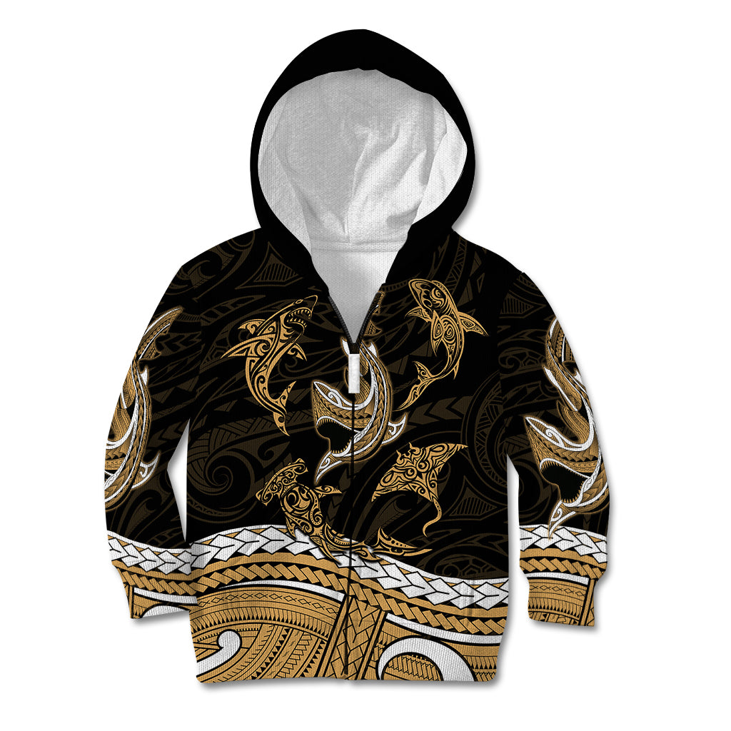 Polynesian Tribal Kid Hoodie with Sharks Tattoo Gold LT6 - Wonder Print Shop