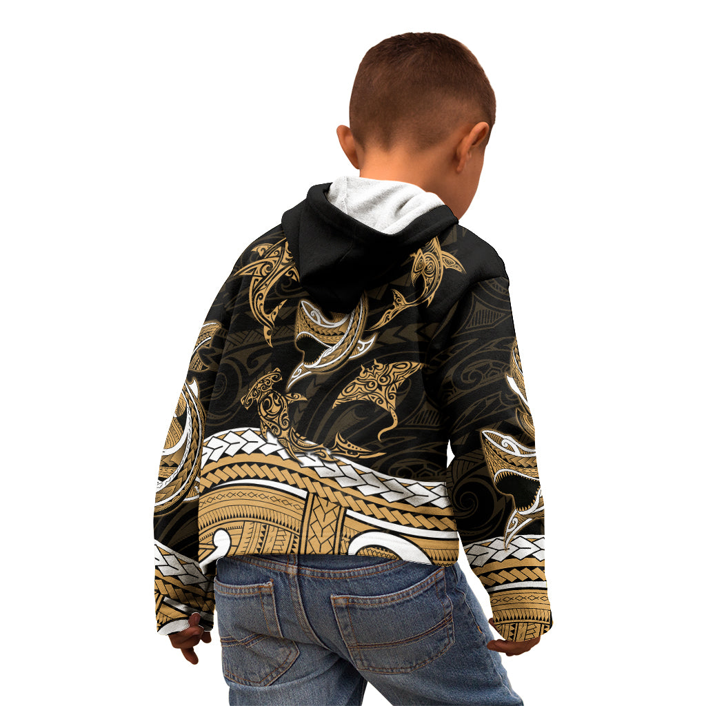 Polynesian Tribal Kid Hoodie with Sharks Tattoo Gold LT6 - Wonder Print Shop